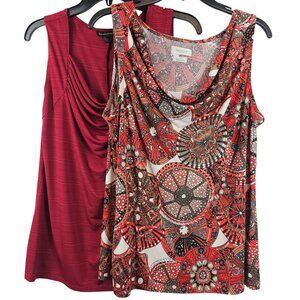 Office Workwear 2PC Blouse LG Business Casual Red Tones Layering Geometric Tops